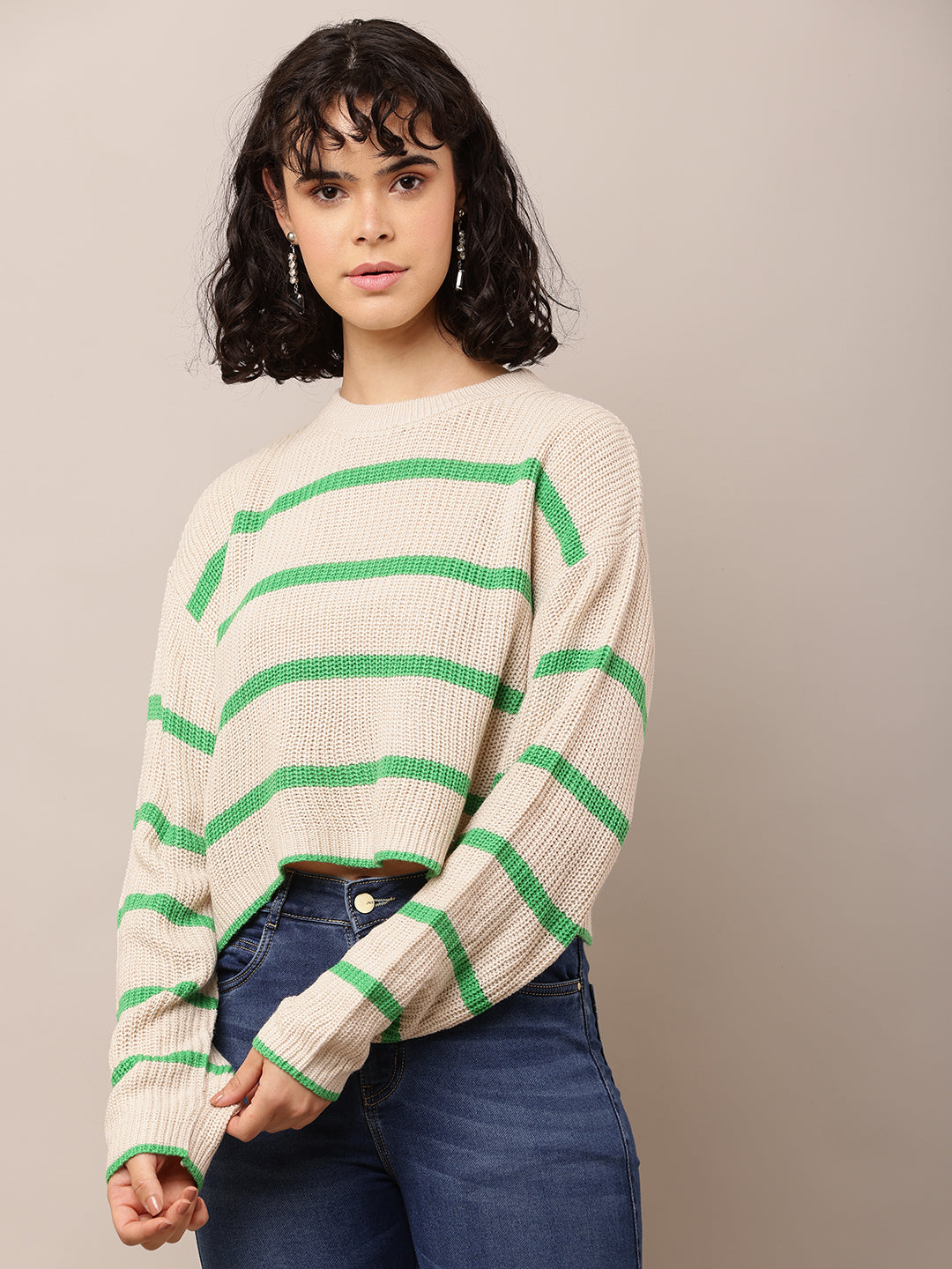 Acrylic Full Sleeve with Turtle Neck Green and Beige Striped Sweater