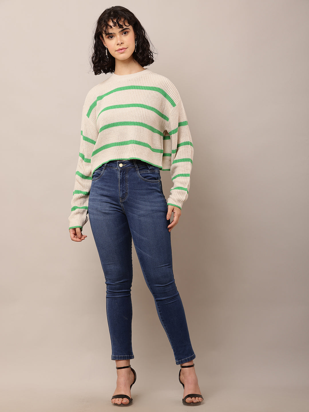 Acrylic Full Sleeve with Turtle Neck Green and Beige Striped Sweater