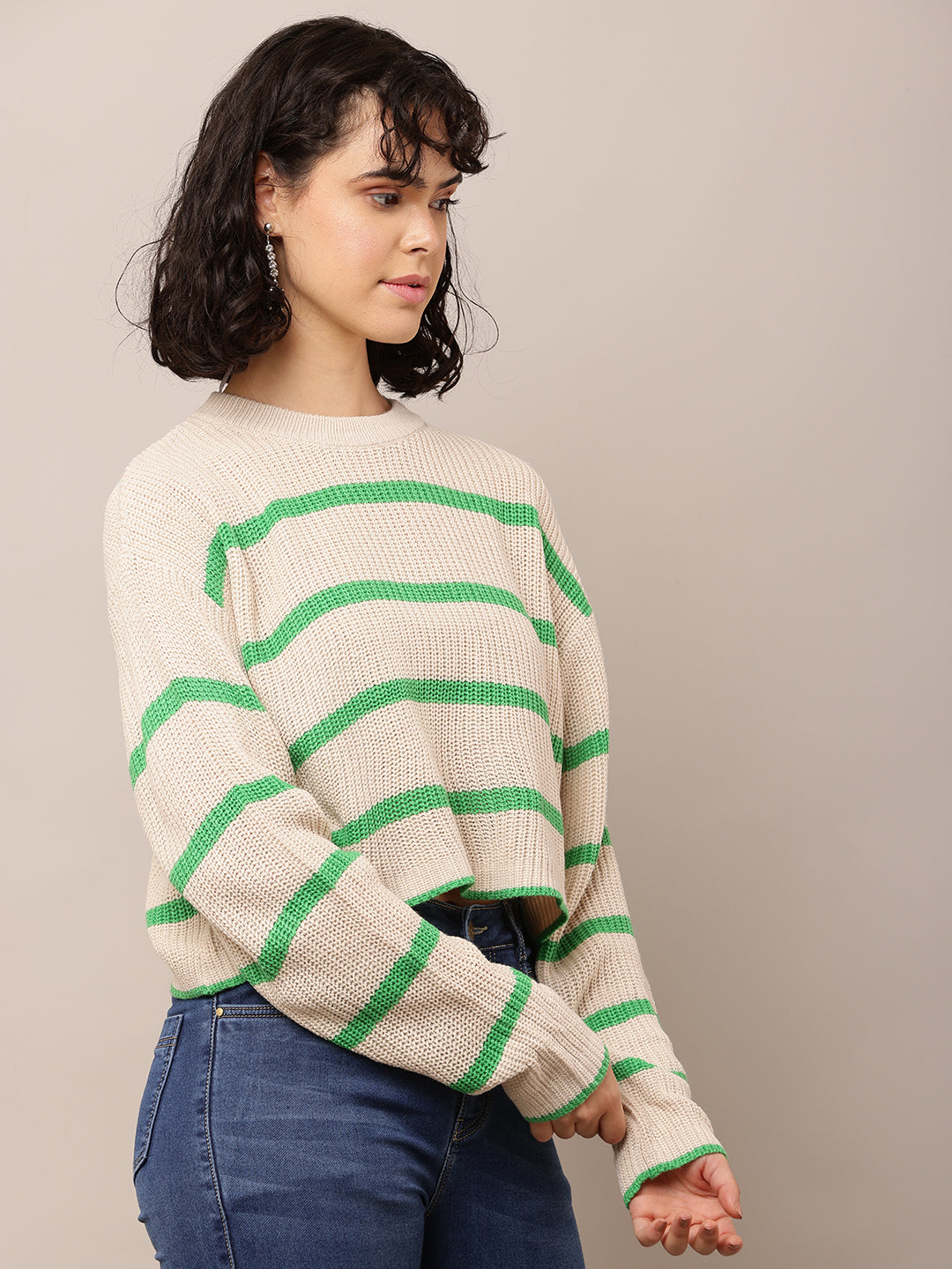 Acrylic Full Sleeve with Turtle Neck Green and Beige Striped Sweater