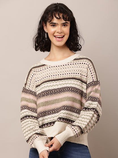 Nylon Full Sleeve Crew Neck Multicolour Printed Sweater