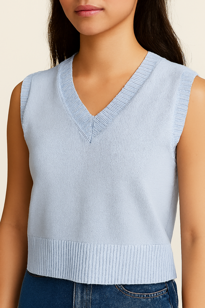Acrylic Sleeveless with V-Neck Sky Blue Solid Sweater Vest