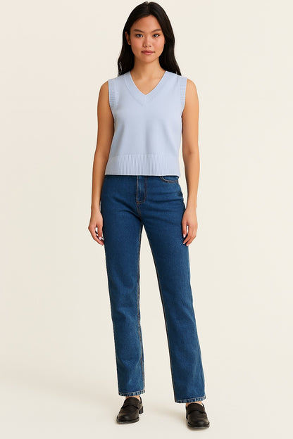 Acrylic Sleeveless with V-Neck Sky Blue Solid Sweater Vest