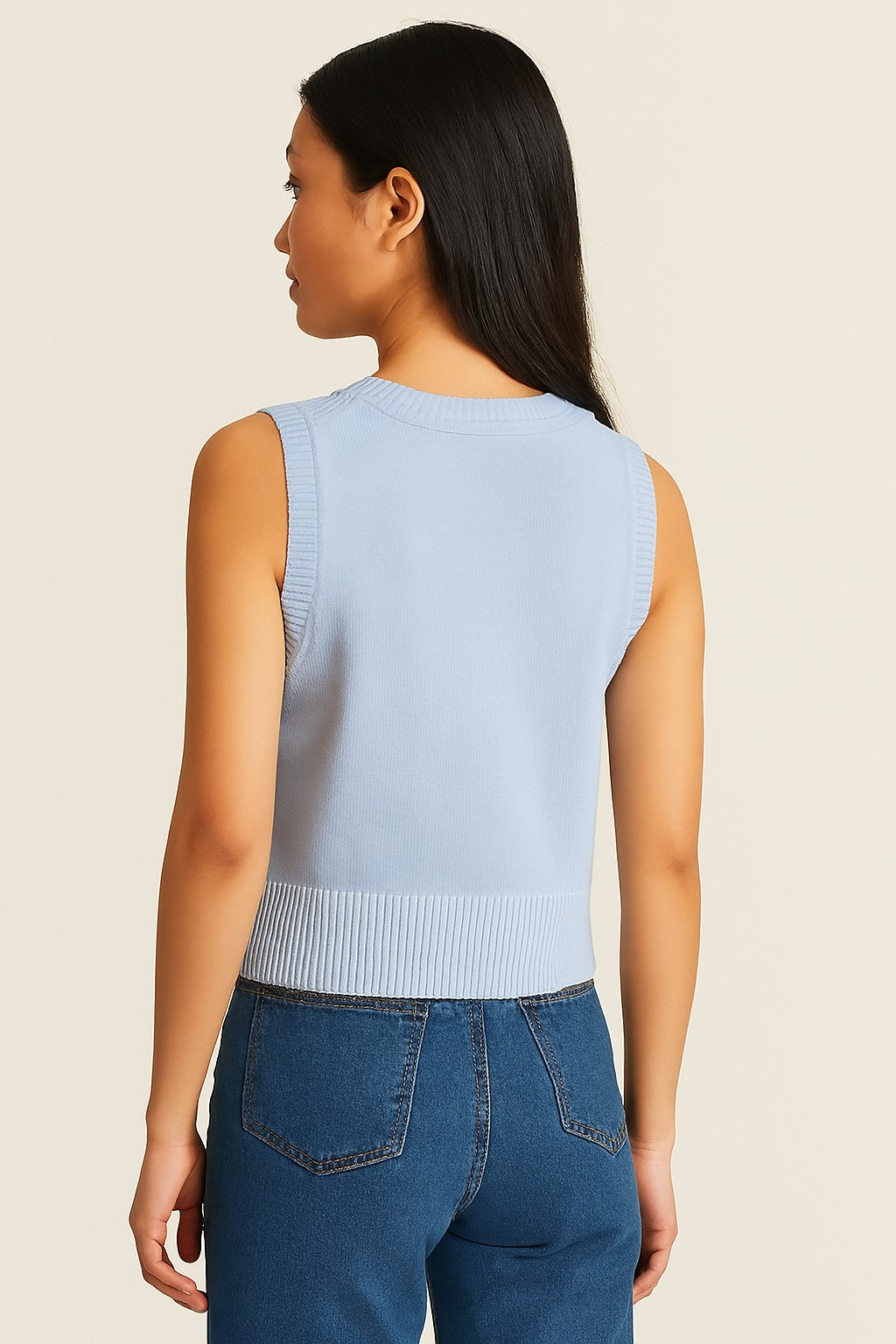 Acrylic Sleeveless with V-Neck Sky Blue Solid Sweater Vest