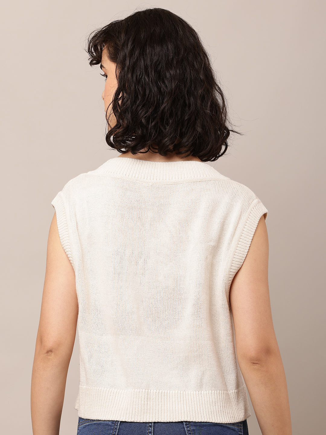 Acrylic Sleeveless with V-Neck Light Cream Solid Sweater Vest