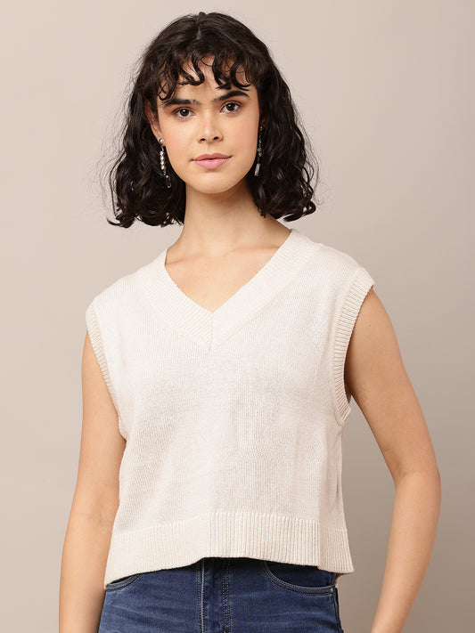 Acrylic Sleeveless with V-Neck Light Cream Solid Sweater Vest