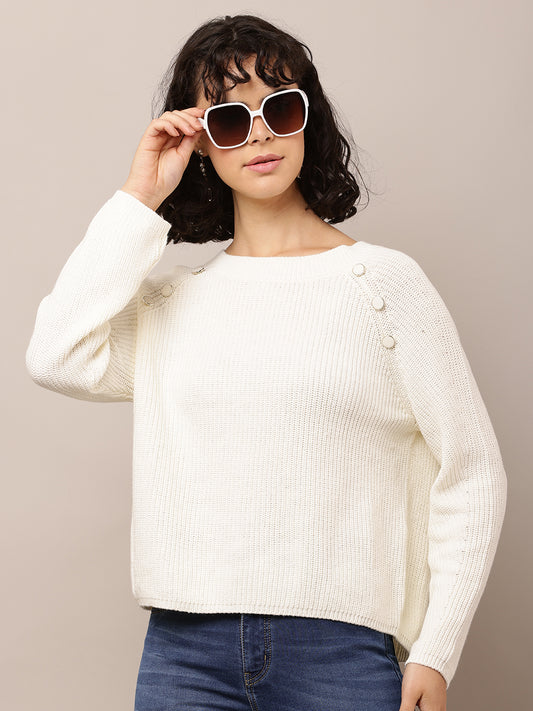 Cotton Crew neck with Full Sleeve White Sweater