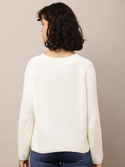 Cotton Crew neck with Full Sleeve White Sweater