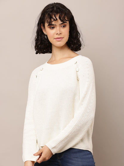 Cotton Crew neck with Full Sleeve White Sweater