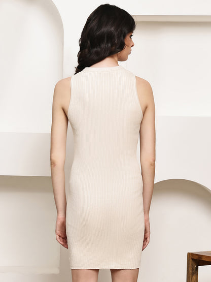Viscose Sleeveless with Crew Neck Bodycon Cream Dress