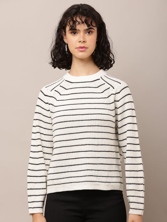 Acrylic Turtle Neck with Full Sleeve White Striped Sweater