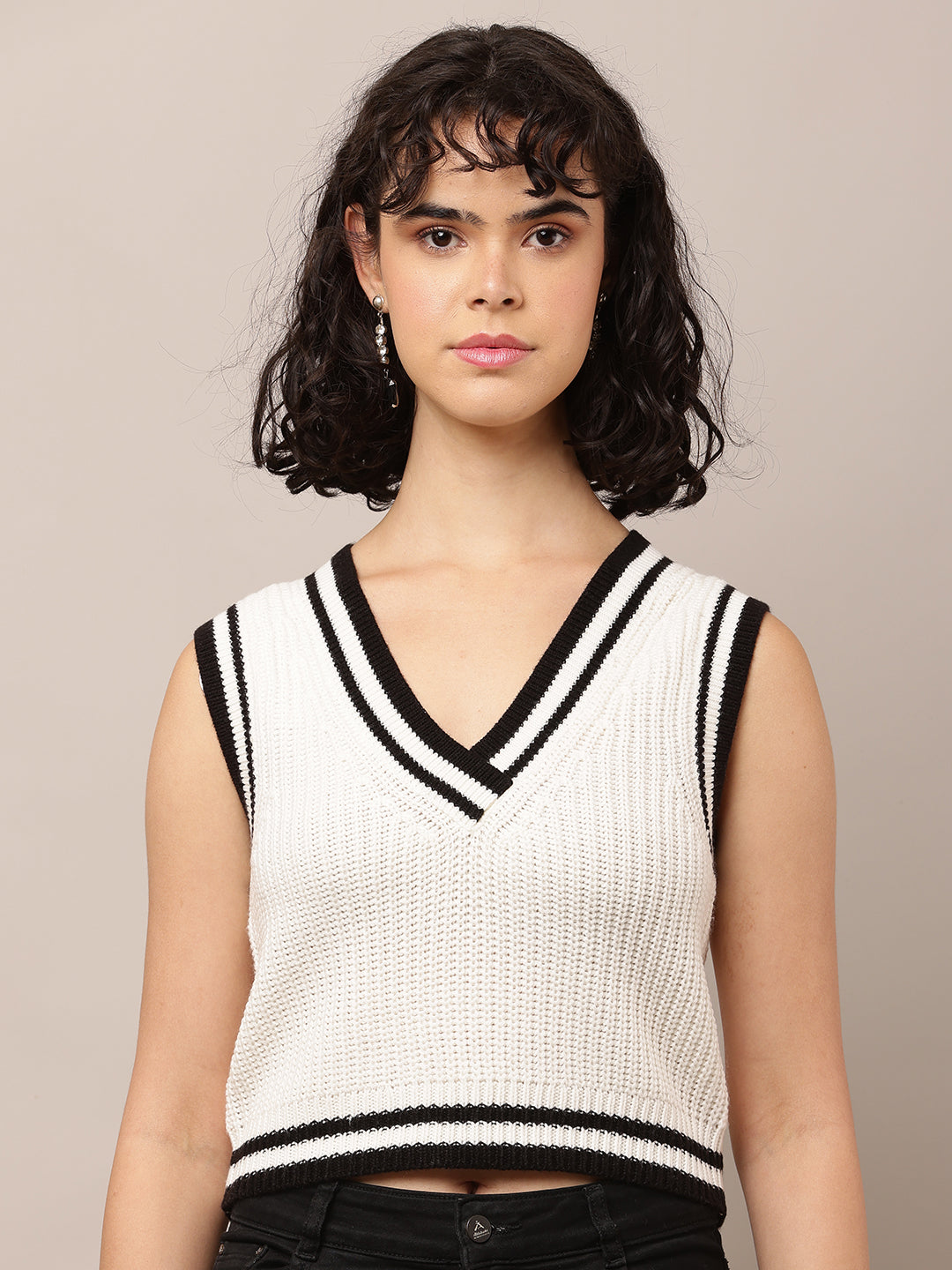 Acrylic Sleeveless with V-Neck White Sweater Vest