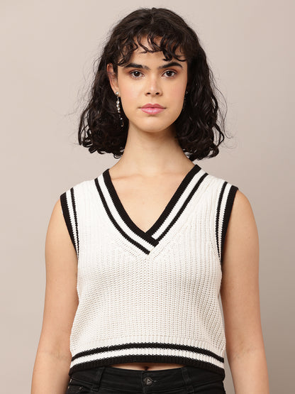 Acrylic Sleeveless with V-Neck White Sweater Vest