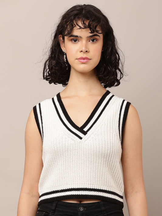 Acrylic Sleeveless with V-Neck White Sweater Vest