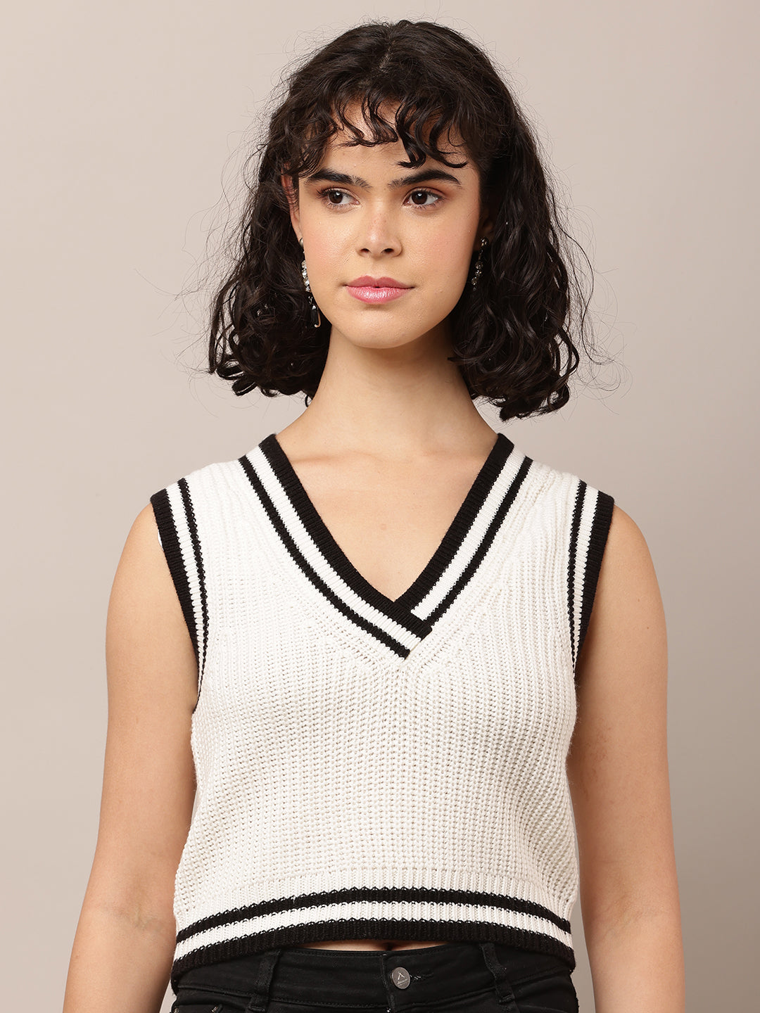 Acrylic Sleeveless with V-Neck White Sweater Vest