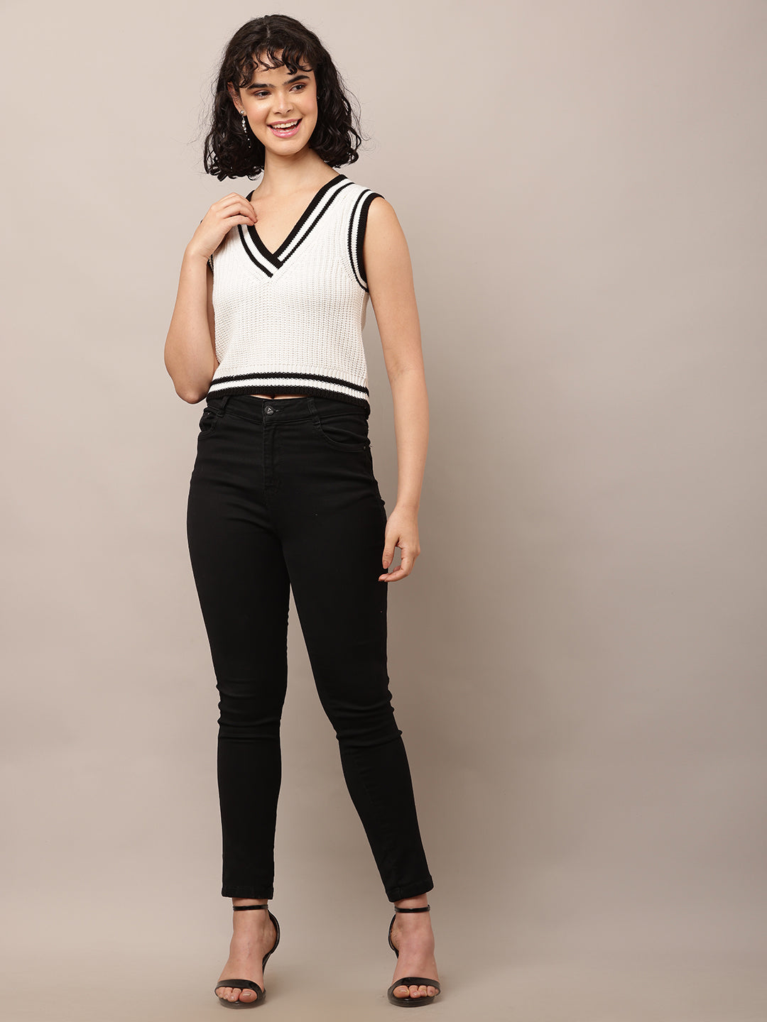 Acrylic Sleeveless with V-Neck White Sweater Vest