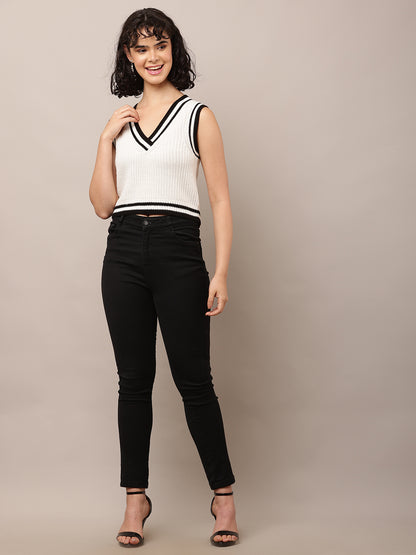 Acrylic Sleeveless with V-Neck White Sweater Vest