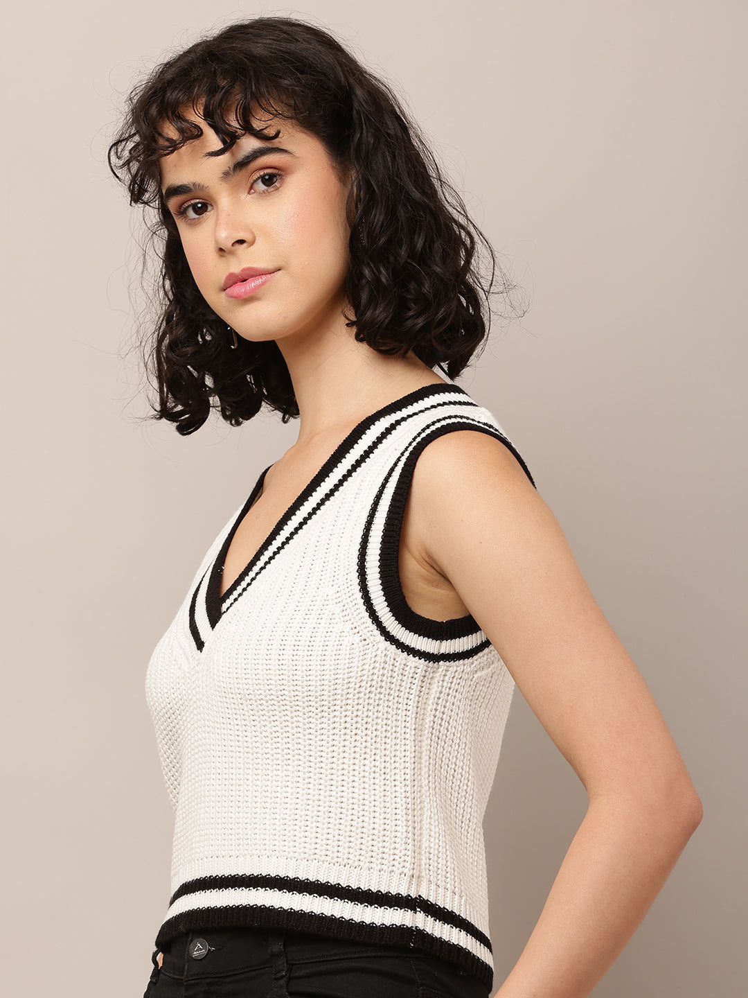 Acrylic Sleeveless with V-Neck White Sweater Vest