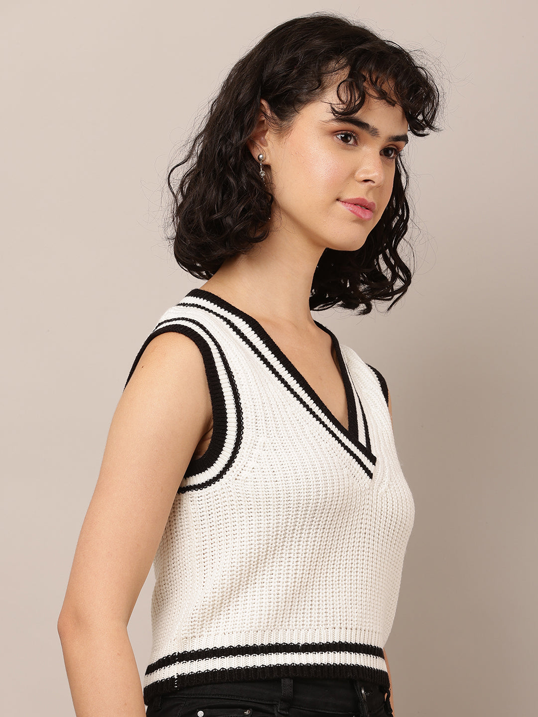 Acrylic Sleeveless with V-Neck White Sweater Vest
