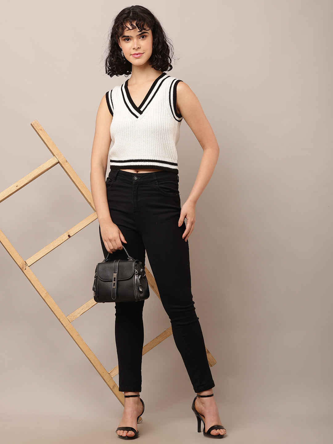 Acrylic Sleeveless with V-Neck White Sweater Vest