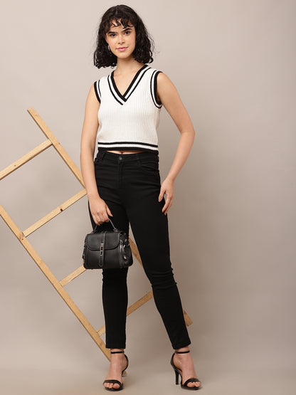 Acrylic Sleeveless with V-Neck White Sweater Vest