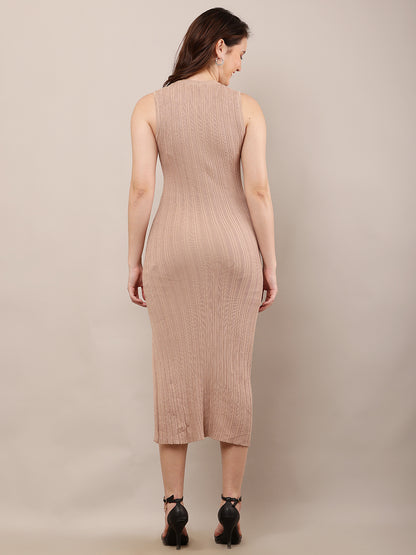 Viscose Sleeveless with Crew Neck Bodycon Brown Dress
