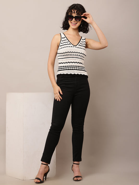 Cotton Sleeveless with V-Neck Crochet Multicolour Top