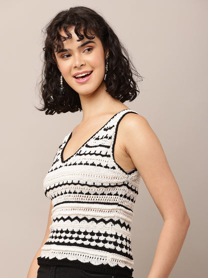Cotton Sleeveless with V-Neck Crochet Multicolour Top