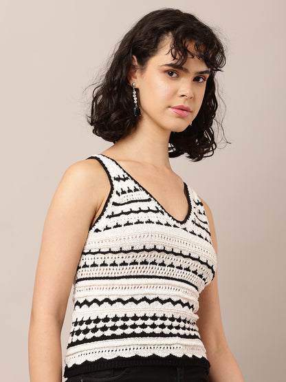 Cotton Sleeveless with V-Neck Crochet Multicolour Top