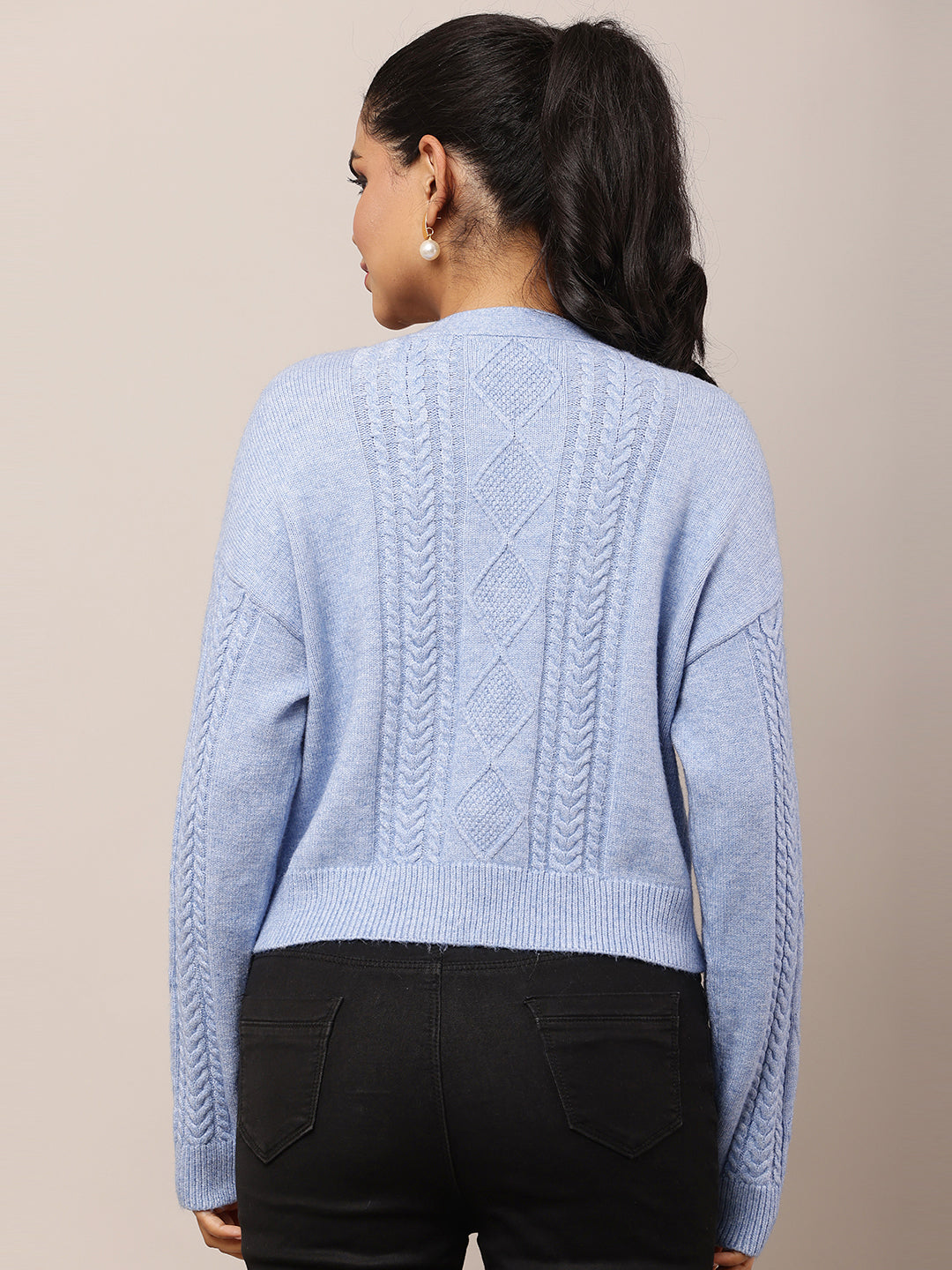 Acrylic Full Sleeve with V-Neck Blue Cardigan