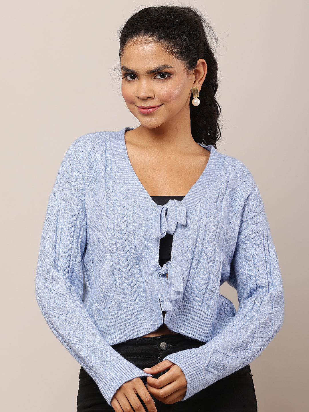 Acrylic Full Sleeve with V-Neck Blue Cardigan