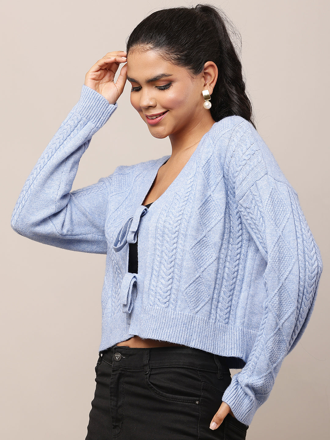 Acrylic Full Sleeve with V-Neck Blue Cardigan