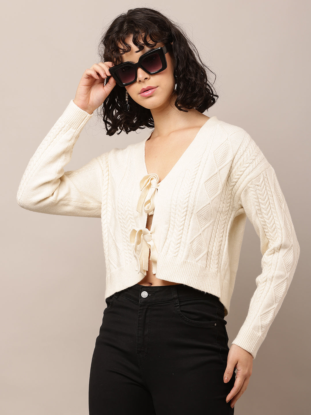 Acrylic Full Sleeve with V-Neck Cream Cardigan