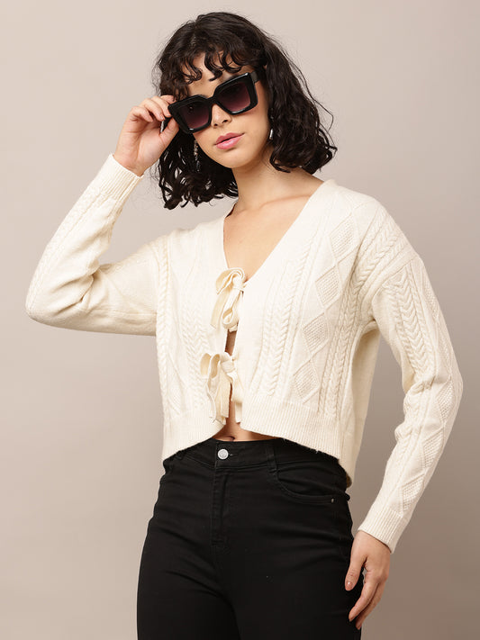 Acrylic Full Sleeve with V-Neck Cream Cardigan