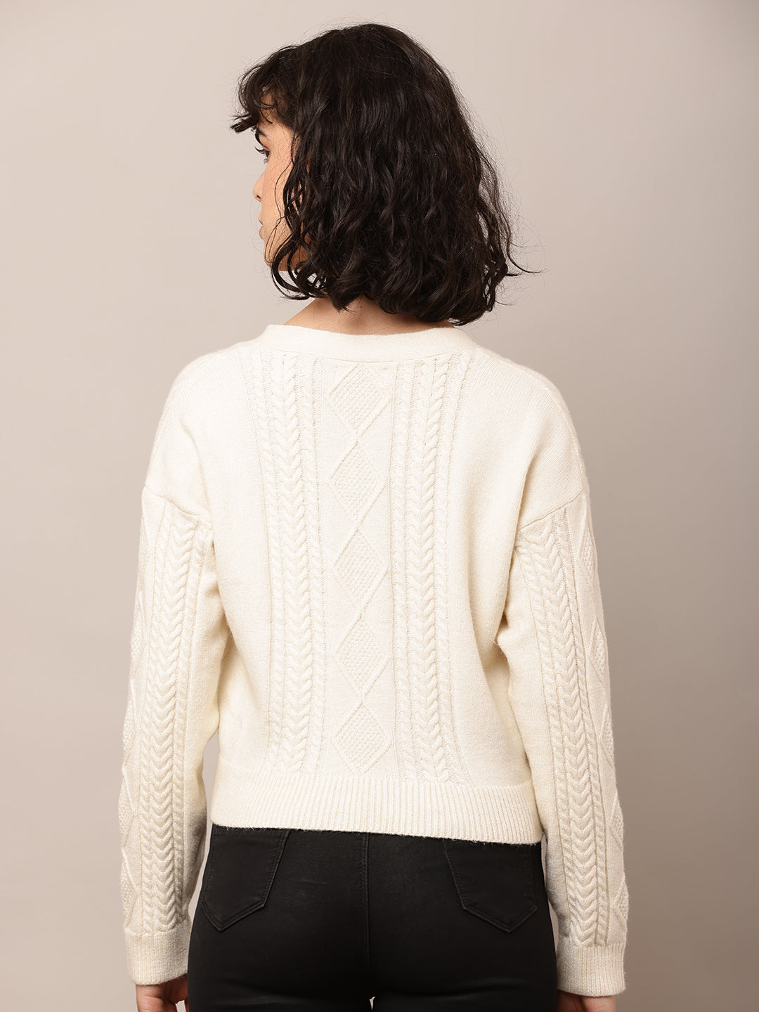 Acrylic Full Sleeve with V-Neck Cream Cardigan