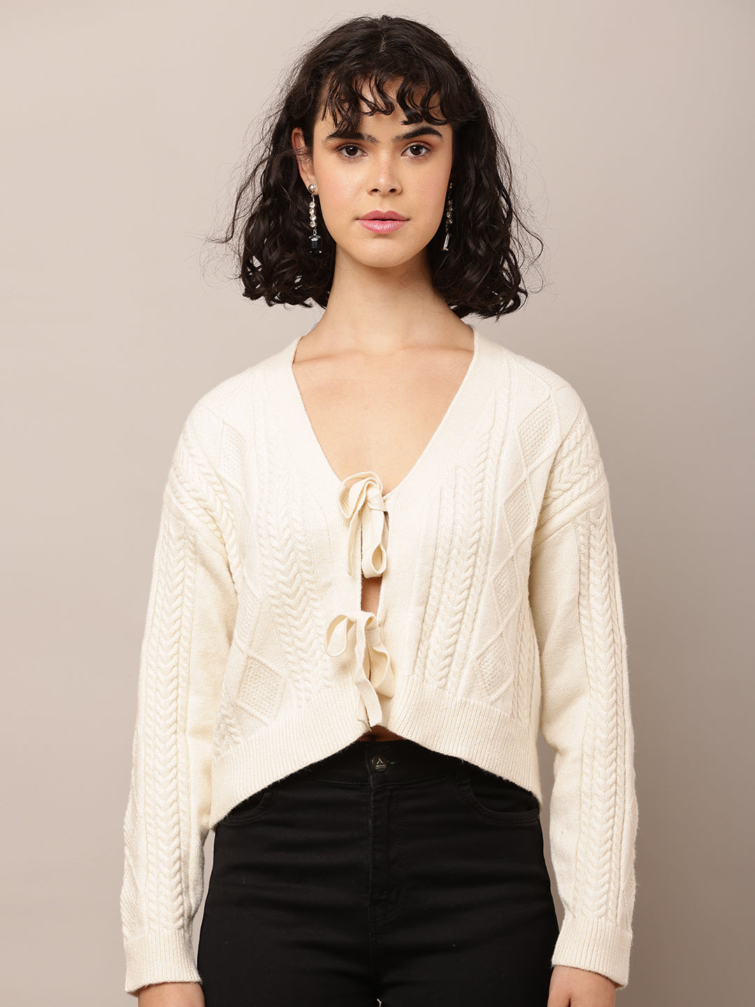 Acrylic Full Sleeve with V-Neck Cream Cardigan