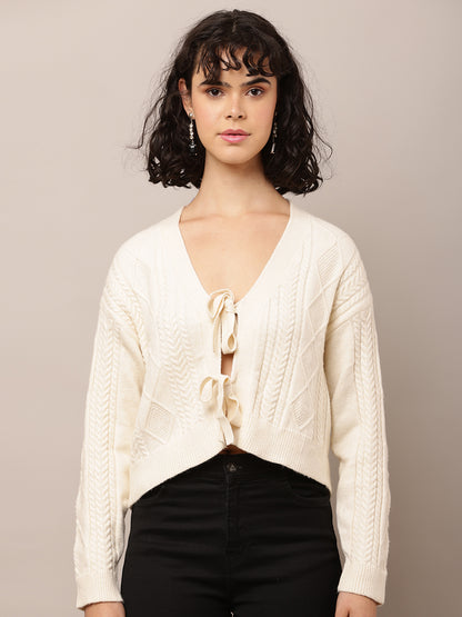 Acrylic Full Sleeve with V-Neck Cream Cardigan