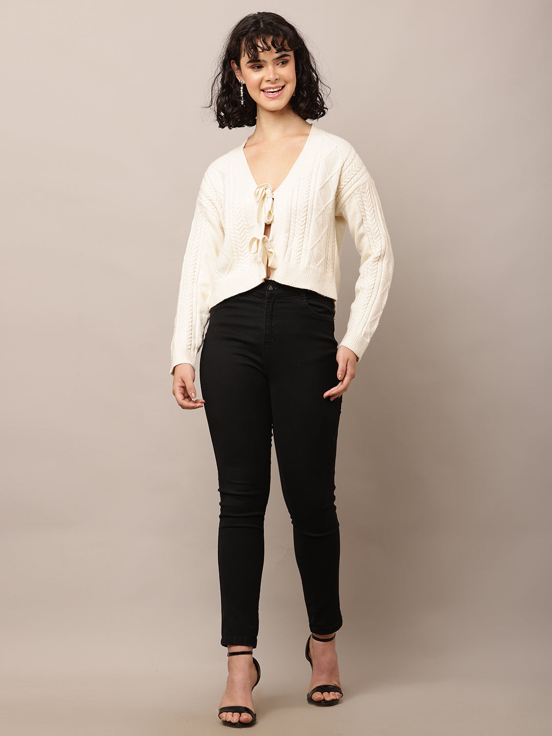 Acrylic Full Sleeve with V-Neck Cream Cardigan