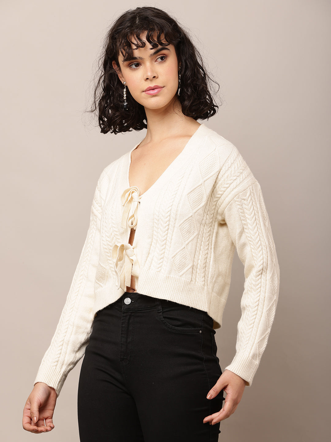 Acrylic Full Sleeve with V-Neck Cream Cardigan