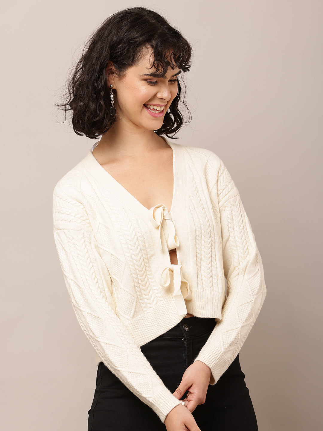 Acrylic Full Sleeve with V-Neck Cream Cardigan