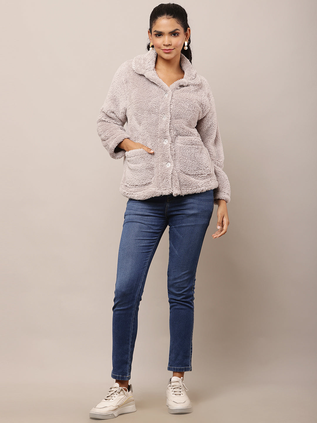 Cotton Full Sleeve with Shirt Collar Fleece Grey Jacket