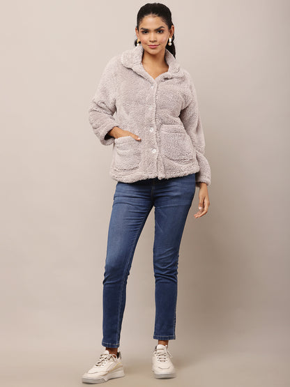 Cotton Full Sleeve with Shirt Collar Fleece Grey Jacket
