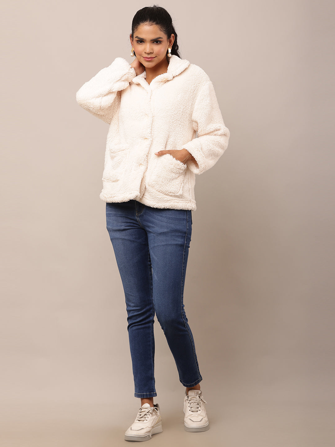 Cotton Full Sleeve with Shirt Collar Fleece White Jacket