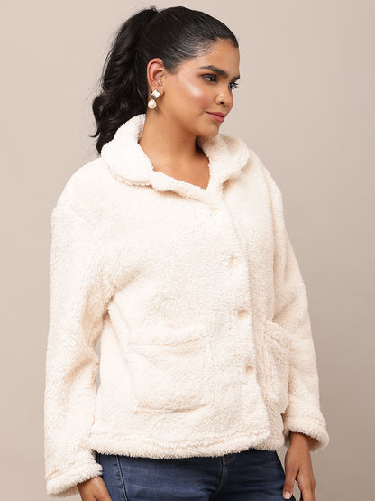 Cotton Full Sleeve with Shirt Collar Fleece White Jacket