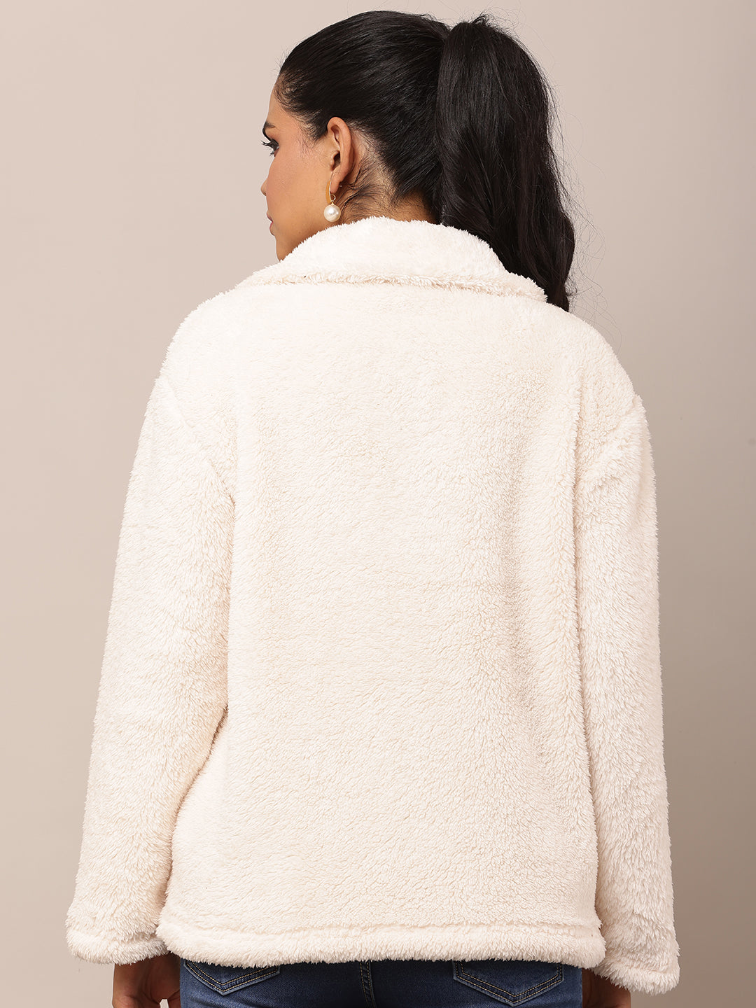 Cotton Full Sleeve with Shirt Collar Fleece White Jacket