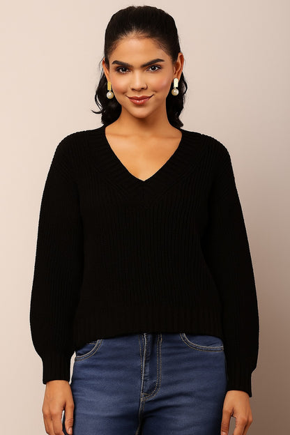 Acrylic Full Sleeve with V-Neck Knitted Black Sweater