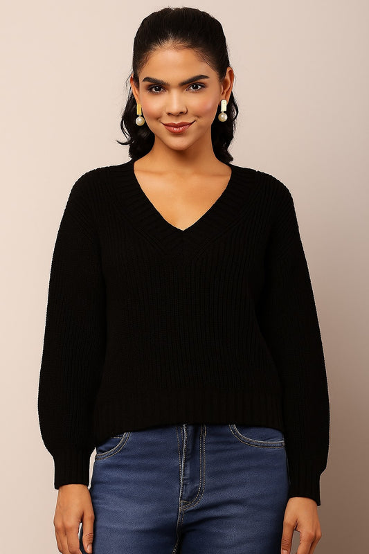 Acrylic Full Sleeve with V-Neck Knitted Black Sweater