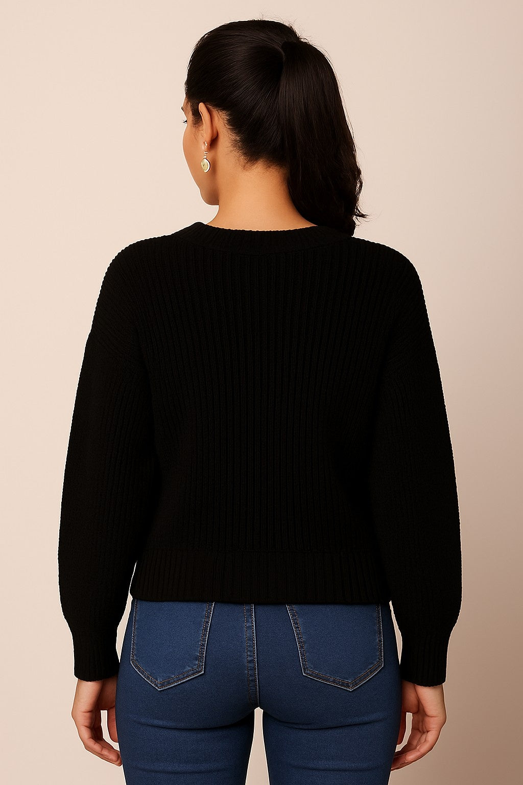 Acrylic Full Sleeve with V-Neck Knitted Black Sweater