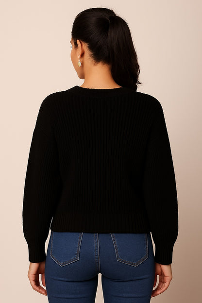 Acrylic Full Sleeve with V-Neck Knitted Black Sweater