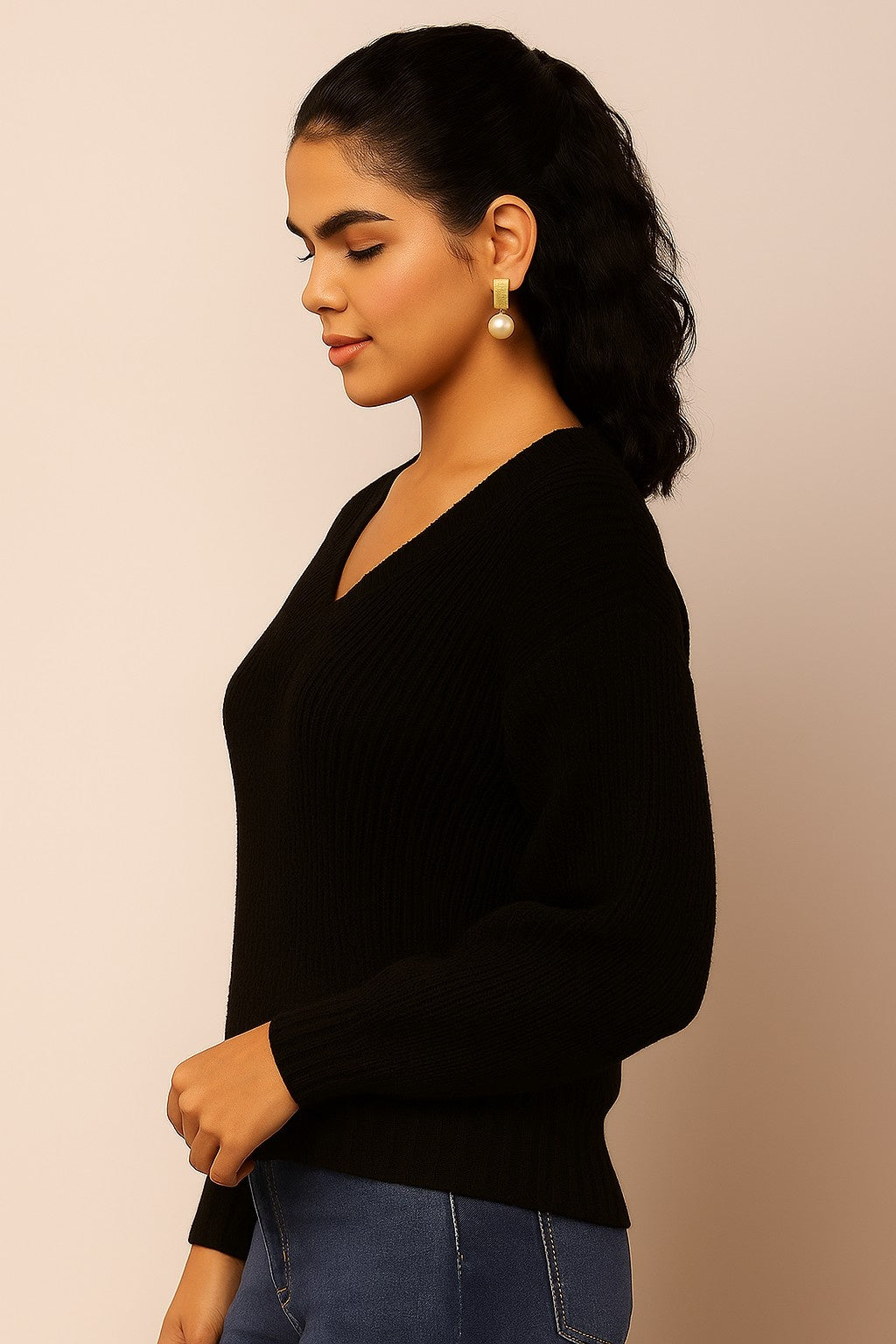 Acrylic Full Sleeve with V-Neck Knitted Black Sweater