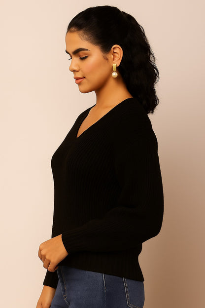 Acrylic Full Sleeve with V-Neck Knitted Black Sweater